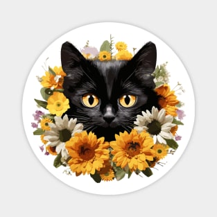 Cute Black Cat with Flowers Magnet